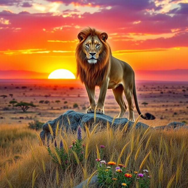 A majestic lion standing atop a rocky outcrop at sunset, with a golden mane shining in the warm light