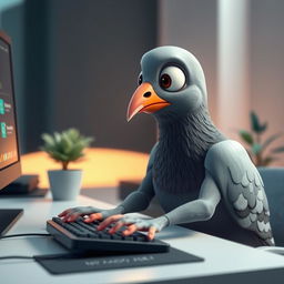 A 3D human-like pigeon engaging with a computer