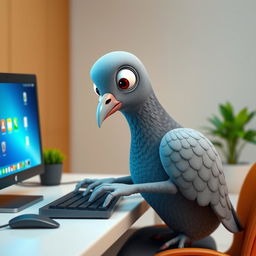A 3D human-like pigeon engaging with a computer