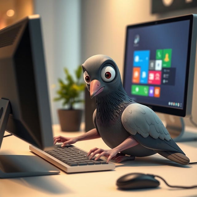 A 3D human-like pigeon engaging with a computer