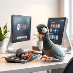 A 3D human-like pigeon engaging with a computer