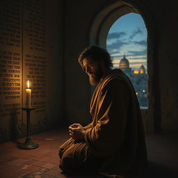 A deeply evocative and dramatic scene depicting Hezekiah in a dimly lit chamber, kneeling in prayer with tears streaming down his face