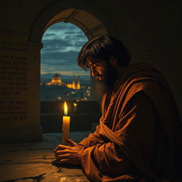 A deeply evocative and dramatic scene depicting Hezekiah in a dimly lit chamber, kneeling in prayer with tears streaming down his face