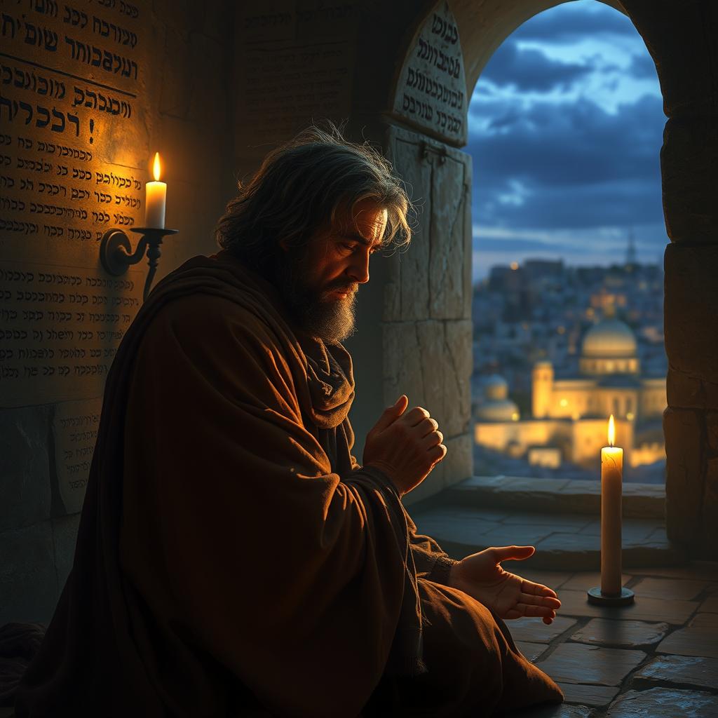 A deeply evocative and dramatic scene depicting Hezekiah in a dimly lit chamber, kneeling in prayer with tears streaming down his face