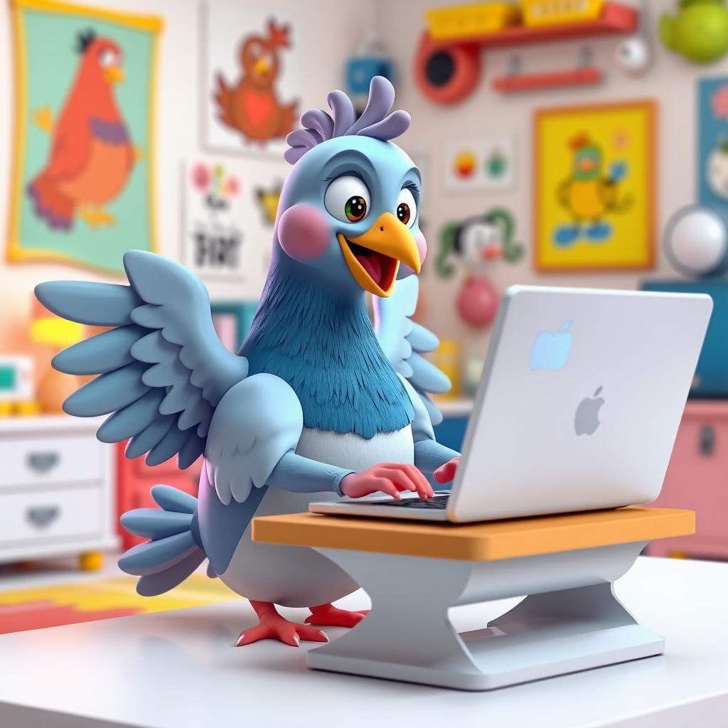 A whimsical 3D cartoon human-like pigeon sitting at a computer desk, using its wings to type