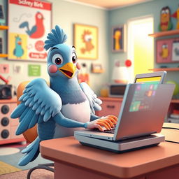 A whimsical 3D cartoon human-like pigeon sitting at a computer desk, using its wings to type