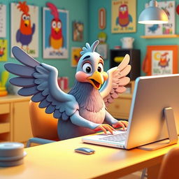 A whimsical 3D cartoon human-like pigeon sitting at a computer desk, using its wings to type