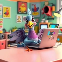 A whimsical 3D cartoon human-like pigeon sitting at a computer desk, using its wings to type