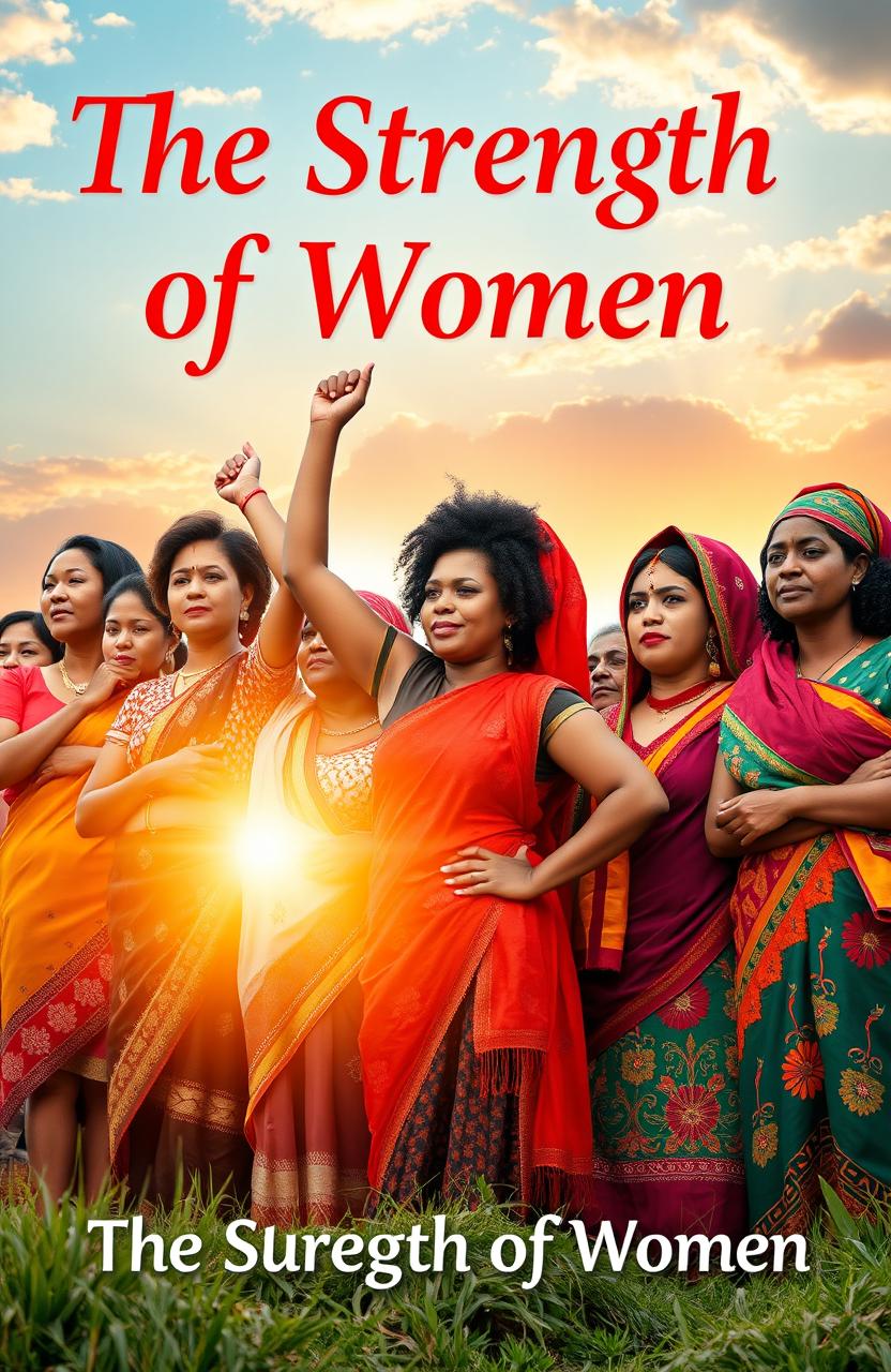 A powerful depiction of female strength, showcasing a diverse group of women from various backgrounds and cultures standing together in solidarity