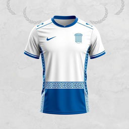 A sports jersey design inspired by Greek architecture, featuring elements such as the iconic Doric columns, intricate friezes, and geometric patterns reminiscent of ancient Greek pottery