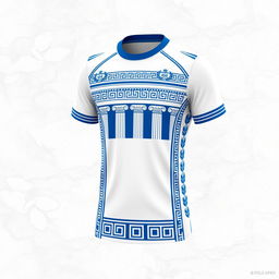 A sports jersey design inspired by Greek architecture, featuring elements such as the iconic Doric columns, intricate friezes, and geometric patterns reminiscent of ancient Greek pottery