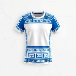 A sports jersey design inspired by Greek architecture, featuring elements such as the iconic Doric columns, intricate friezes, and geometric patterns reminiscent of ancient Greek pottery