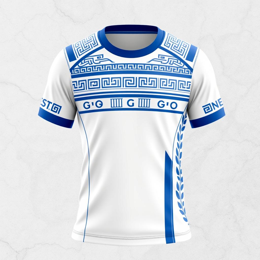 A sports jersey design inspired by Greek architecture, featuring elements such as the iconic Doric columns, intricate friezes, and geometric patterns reminiscent of ancient Greek pottery