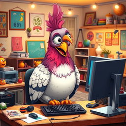 A large, cartoon-style pigeon, standing human size, engaging with a computer