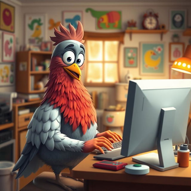 A large, cartoon-style pigeon, standing human size, engaging with a computer