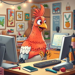 A large, cartoon-style pigeon, standing human size, engaging with a computer