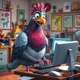 A large, cartoon-style pigeon, standing human size, engaging with a computer
