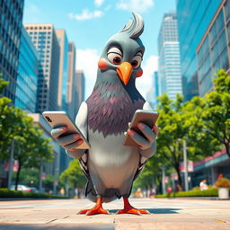 A vibrant, 3D cartoon-style pigeon standing at human size, engrossed in using a cellphone