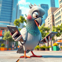 A vibrant, 3D cartoon-style pigeon standing at human size, engrossed in using a cellphone
