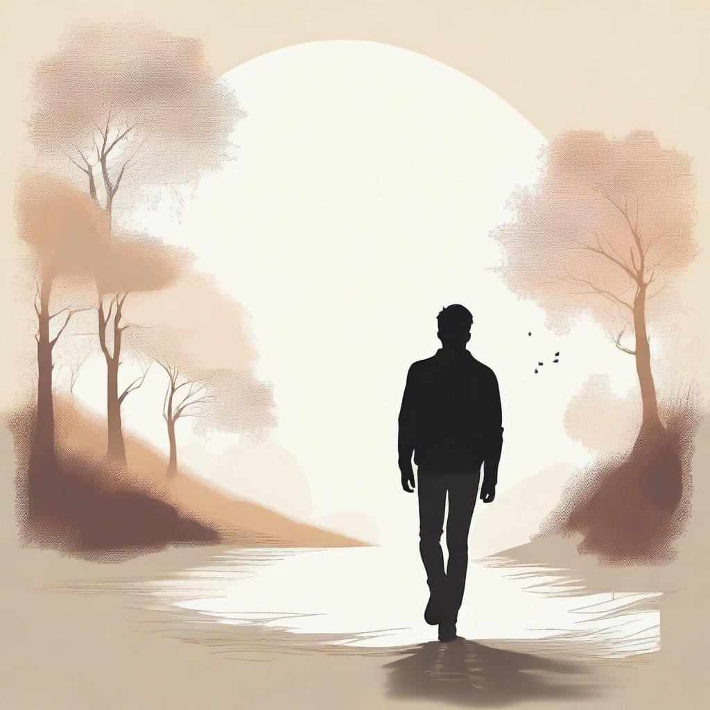 A high-quality, realistic photograph depicting the back view of a young white male silhouette, walking in a picturesque natural setting