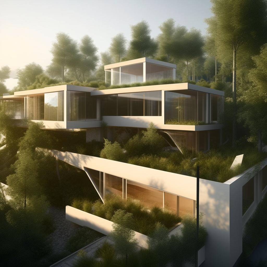 Detailed 3-D visualization of a meticulously planned modern architectural design, harmonized with its complex environment interacting with nature and urban spaces