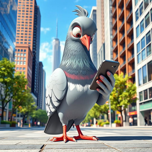 A vibrant, 3D cartoon-style pigeon standing at human size, engrossed in using a cellphone