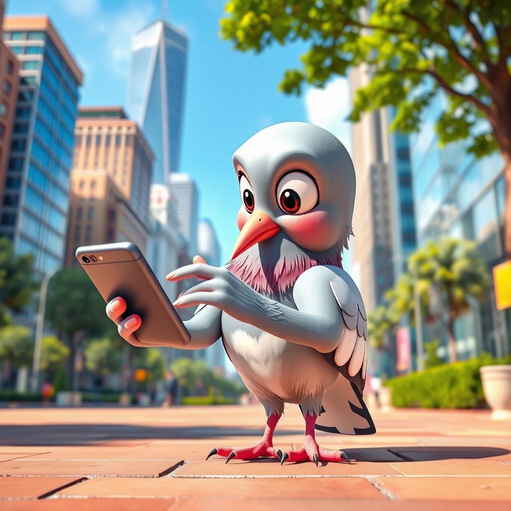 A vibrant, 3D cartoon-style pigeon standing at human size, engrossed in using a cellphone