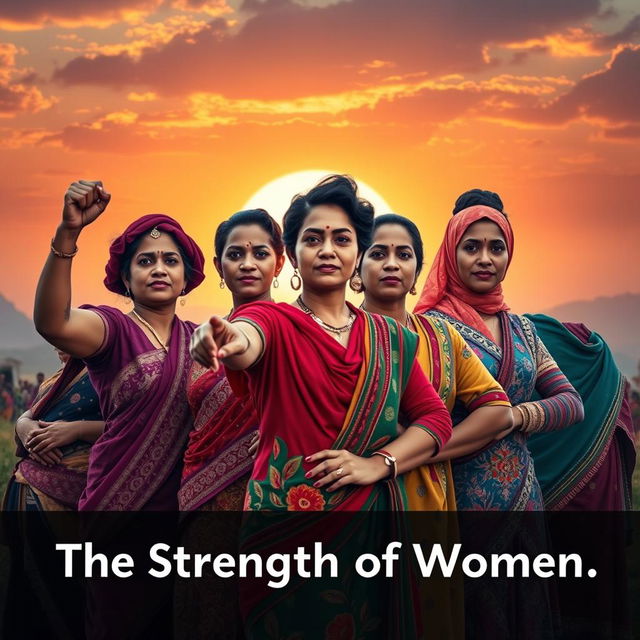 A powerful depiction of female strength, showcasing a diverse group of women from various backgrounds and cultures standing together in solidarity