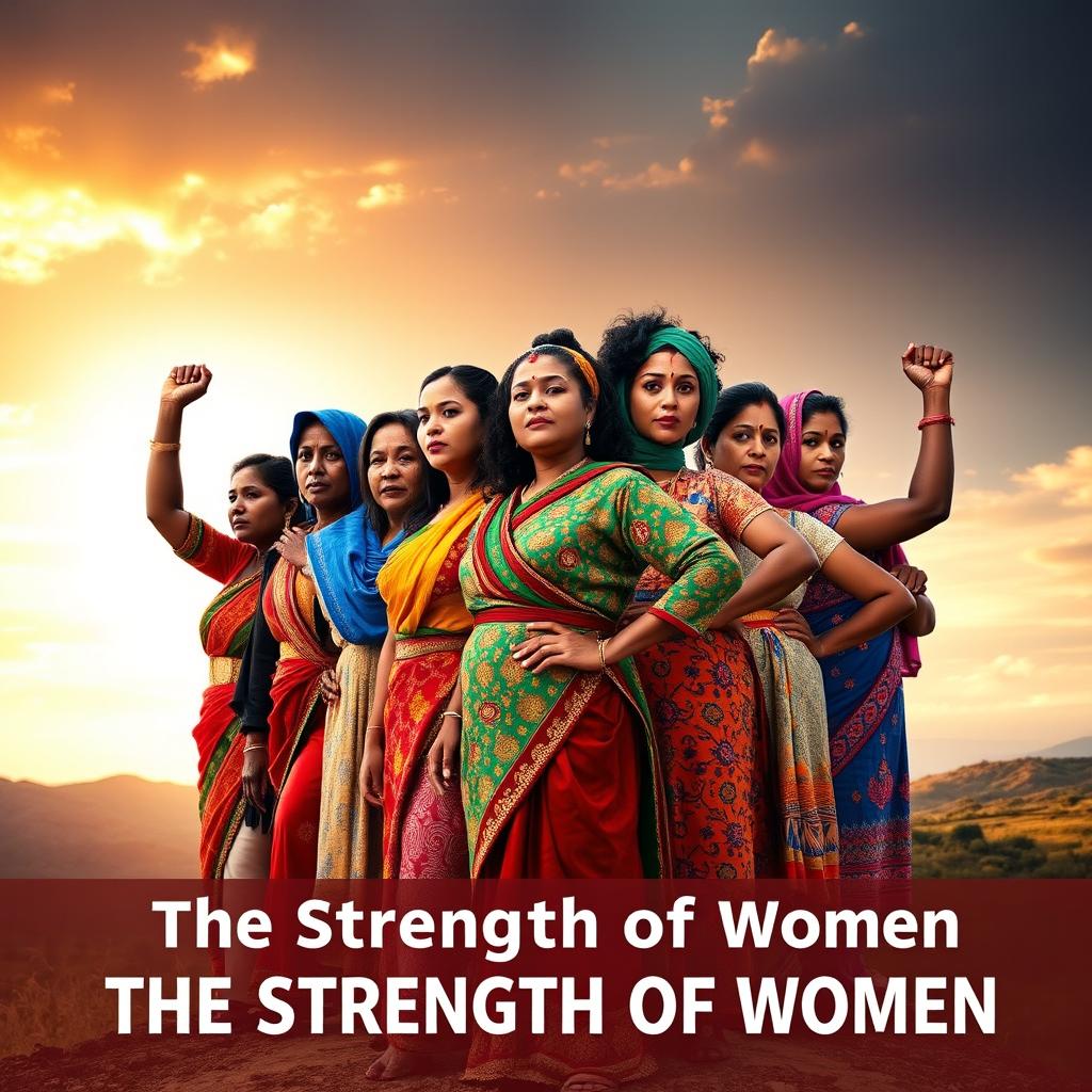 A powerful depiction of female strength, showcasing a diverse group of women from various backgrounds and cultures standing together in solidarity