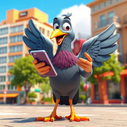 A 3D cartoon pigeon, human-sized, animated and playful, standing on two legs while holding a cellphone in its wings