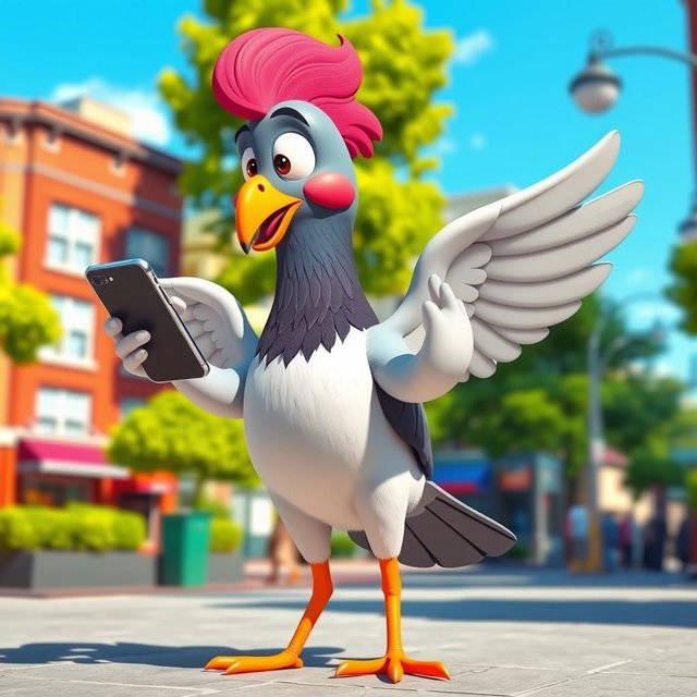 A 3D cartoon pigeon, human-sized, animated and playful, standing on two legs while holding a cellphone in its wings