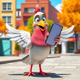 A 3D cartoon pigeon, human-sized, animated and playful, standing on two legs while holding a cellphone in its wings