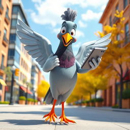 A 3D cartoon pigeon, human-sized, animated and playful, standing on two legs while holding a cellphone in its wings