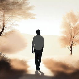 A high-quality, realistic photograph depicting the back view of a young white male silhouette, walking in a picturesque natural setting