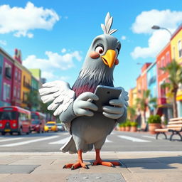 A whimsical 3D cartoon-style pigeon, human-sized, using a cellphone