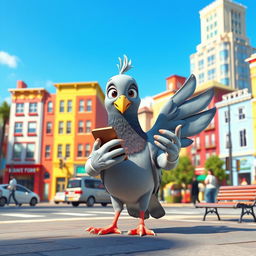 A whimsical 3D cartoon-style pigeon, human-sized, using a cellphone