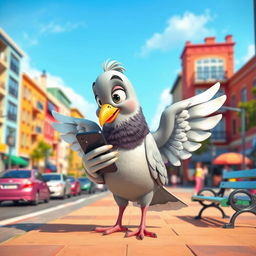 A whimsical 3D cartoon-style pigeon, human-sized, using a cellphone