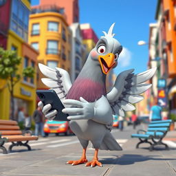 A whimsical 3D cartoon-style pigeon, human-sized, using a cellphone