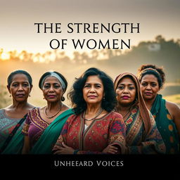 A striking and moving representation of 'The Strength of Women', featuring a group of women from different ethnic backgrounds standing together in unity