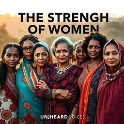 A striking and moving representation of 'The Strength of Women', featuring a group of women from different ethnic backgrounds standing together in unity