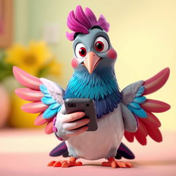 A whimsical 3D cartoon-style human-sized pigeon holding a cellphone, with colorful feathers, large expressive eyes, and an animated demeanor