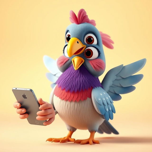 A whimsical 3D cartoon-style human-sized pigeon holding a cellphone, with colorful feathers, large expressive eyes, and an animated demeanor