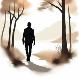 A high-quality, realistic photograph depicting the back view of a young white male silhouette, walking in a picturesque natural setting