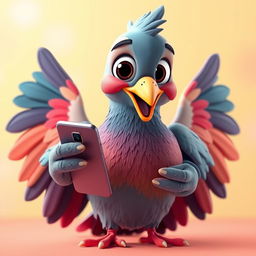 A whimsical 3D cartoon-style human-sized pigeon holding a cellphone, with colorful feathers, large expressive eyes, and an animated demeanor