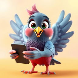 A whimsical 3D cartoon-style human-sized pigeon holding a cellphone, with colorful feathers, large expressive eyes, and an animated demeanor