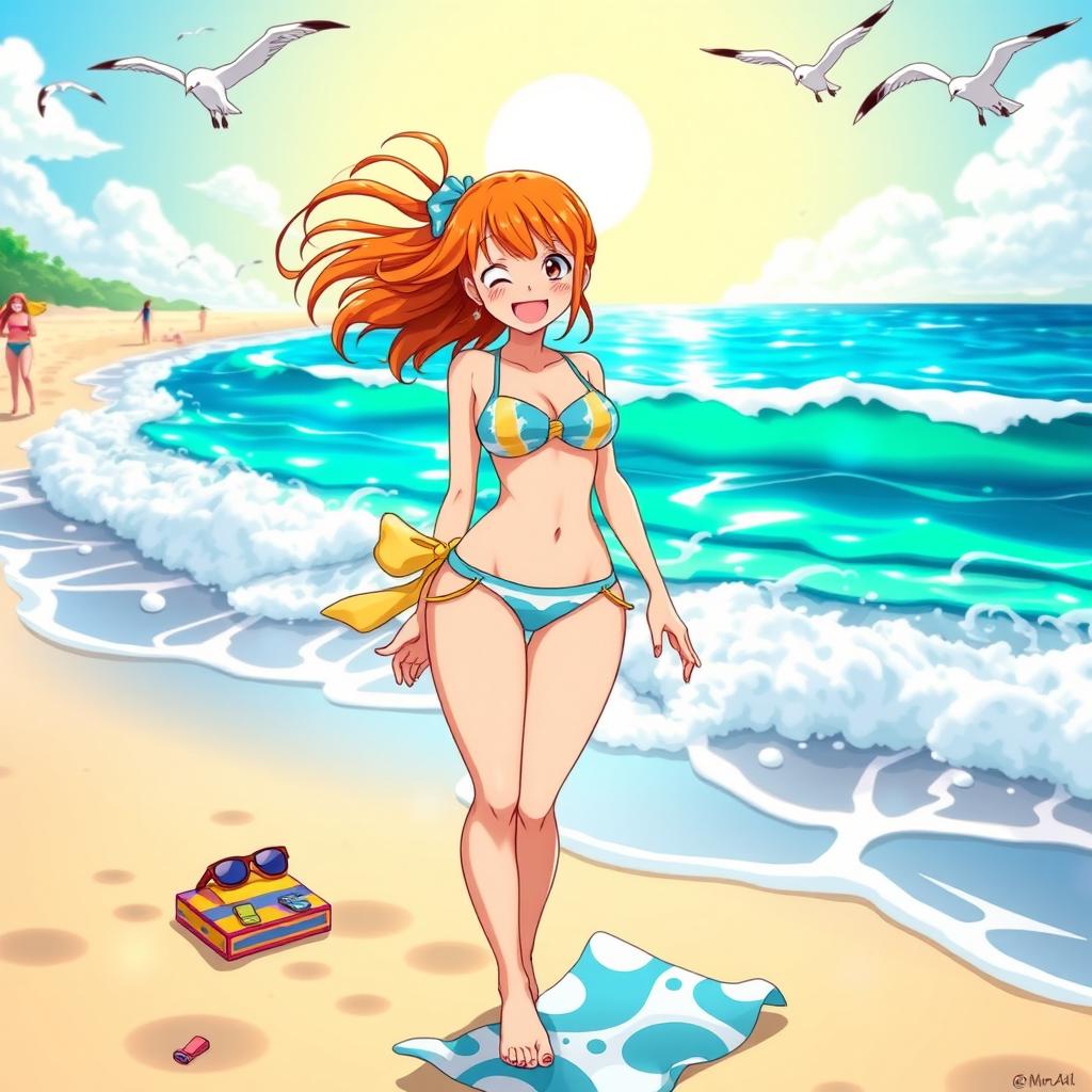 A vibrant and colorful beach scene featuring Nami from the anime One Piece, wearing a stylish bikini