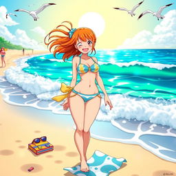 A vibrant and colorful beach scene featuring Nami from the anime One Piece, wearing a stylish bikini
