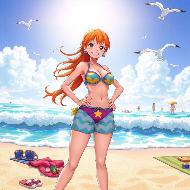A vibrant and colorful beach scene featuring Nami from the anime One Piece, wearing a stylish bikini