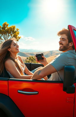 A romantic scene depicting Zenaiah and Primo sitting in a bright red jeep with the top down, surrounded by a picturesque landscape