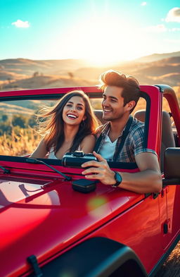 A romantic scene depicting Zenaiah and Primo sitting in a bright red jeep with the top down, surrounded by a picturesque landscape